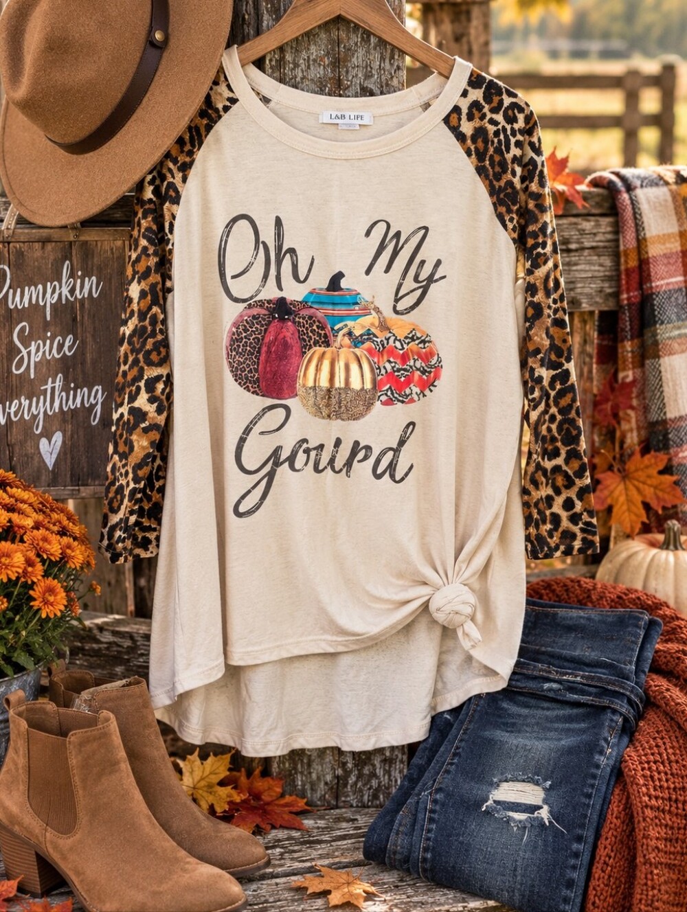 L&B Life XL Oh My Gourd Pumpkin Leopard Sleeve Fall Top (See Description)